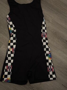 Black One-Piece Racer back with Checkerboard Rainbow Side Panels biketard